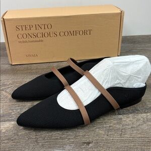 VIVAIA Black Knit Pointed-Toe Mary Jane Flats – Size EU 38 (US 7.5–8) – With Box